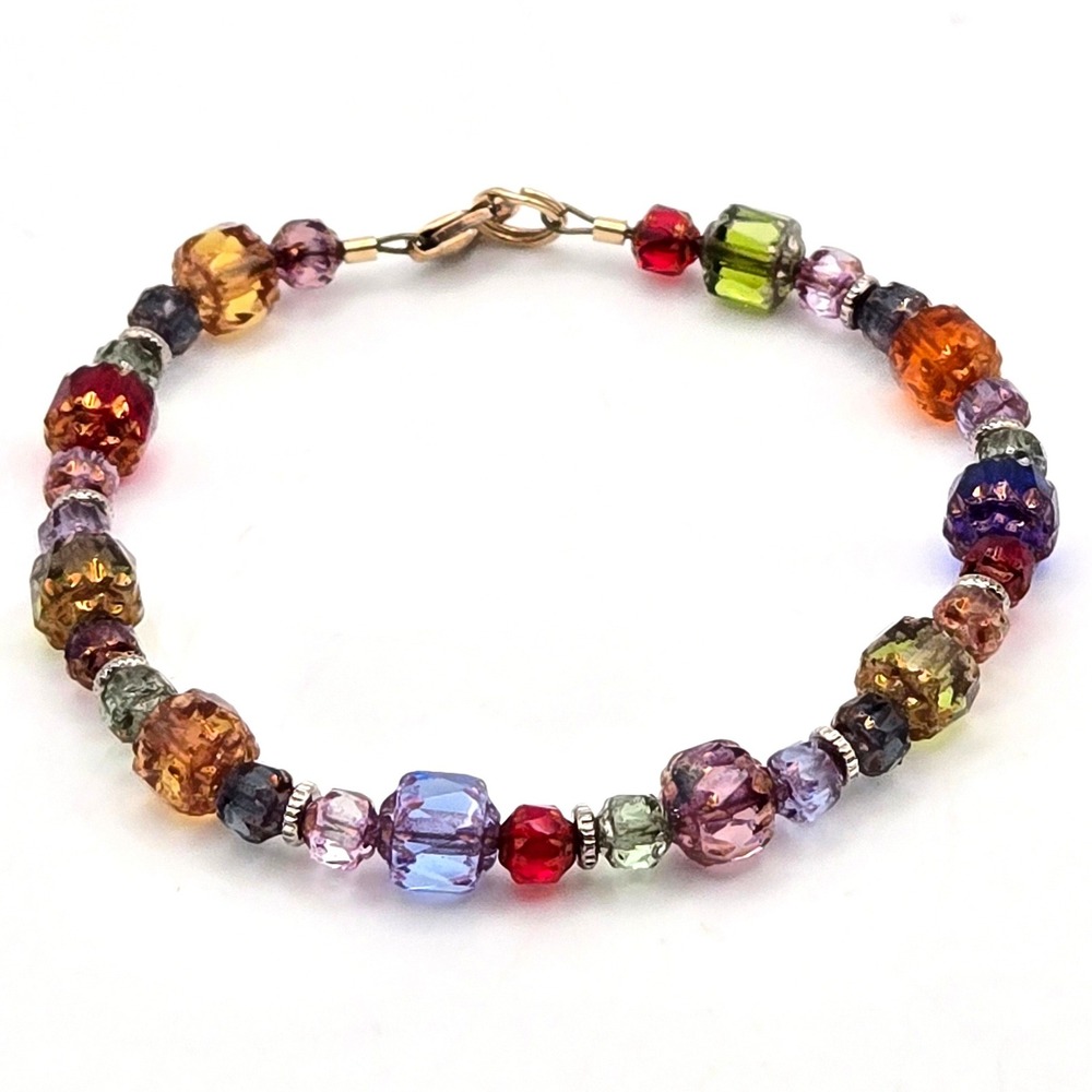 Multicolor Faceted Czech Glass Bead Bracelet Jewel Tone Gold Filled Clasp 6in